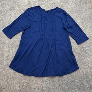 Ulla Popken Tunic Shirt Womens 16/18 Blue Pintuck 3/4 Sleeve Pockets Plus Size